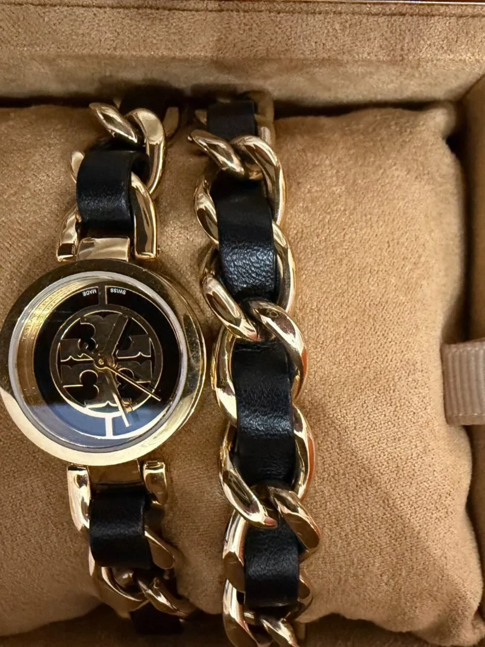 Tory Burch Reva Watch w/Steel Chain Bracelet Interwoven w/Black Leather